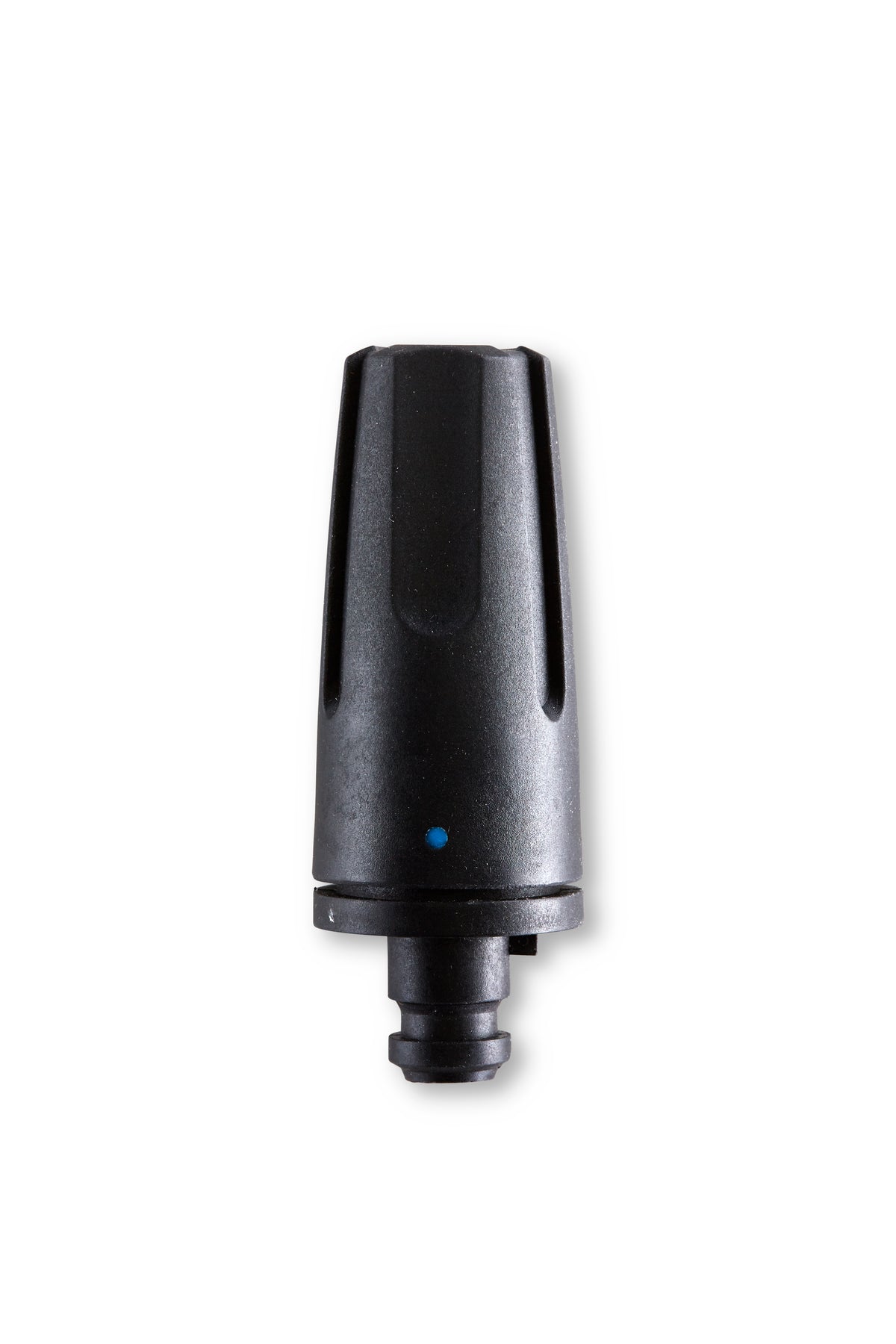 Black pressure washer nozzle by C&C with blue dot, shown with grooved texture and shadow.
