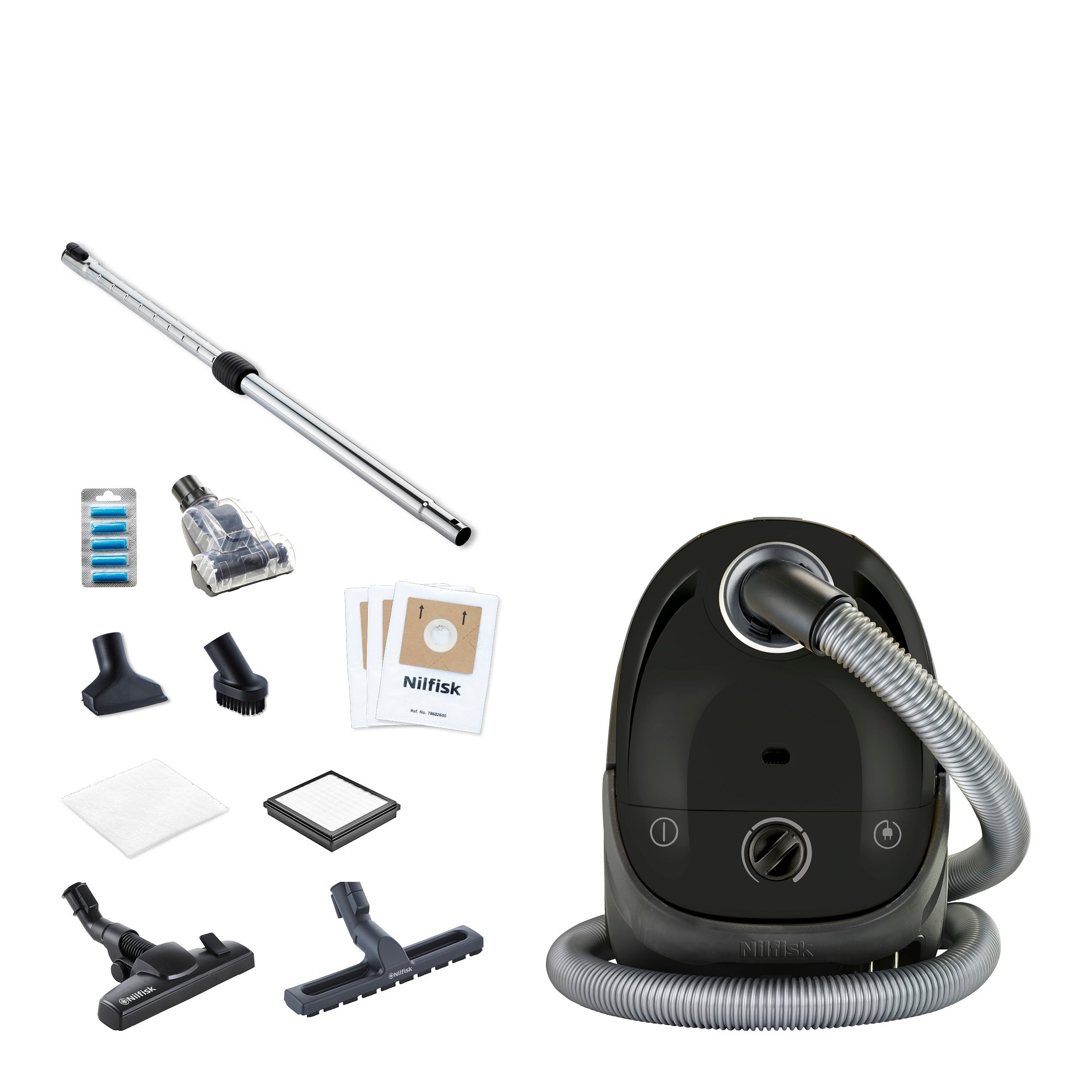 Black canister vacuum cleaner by Nilfisk with silver hose, multiple attachments, and filters displayed alongside.