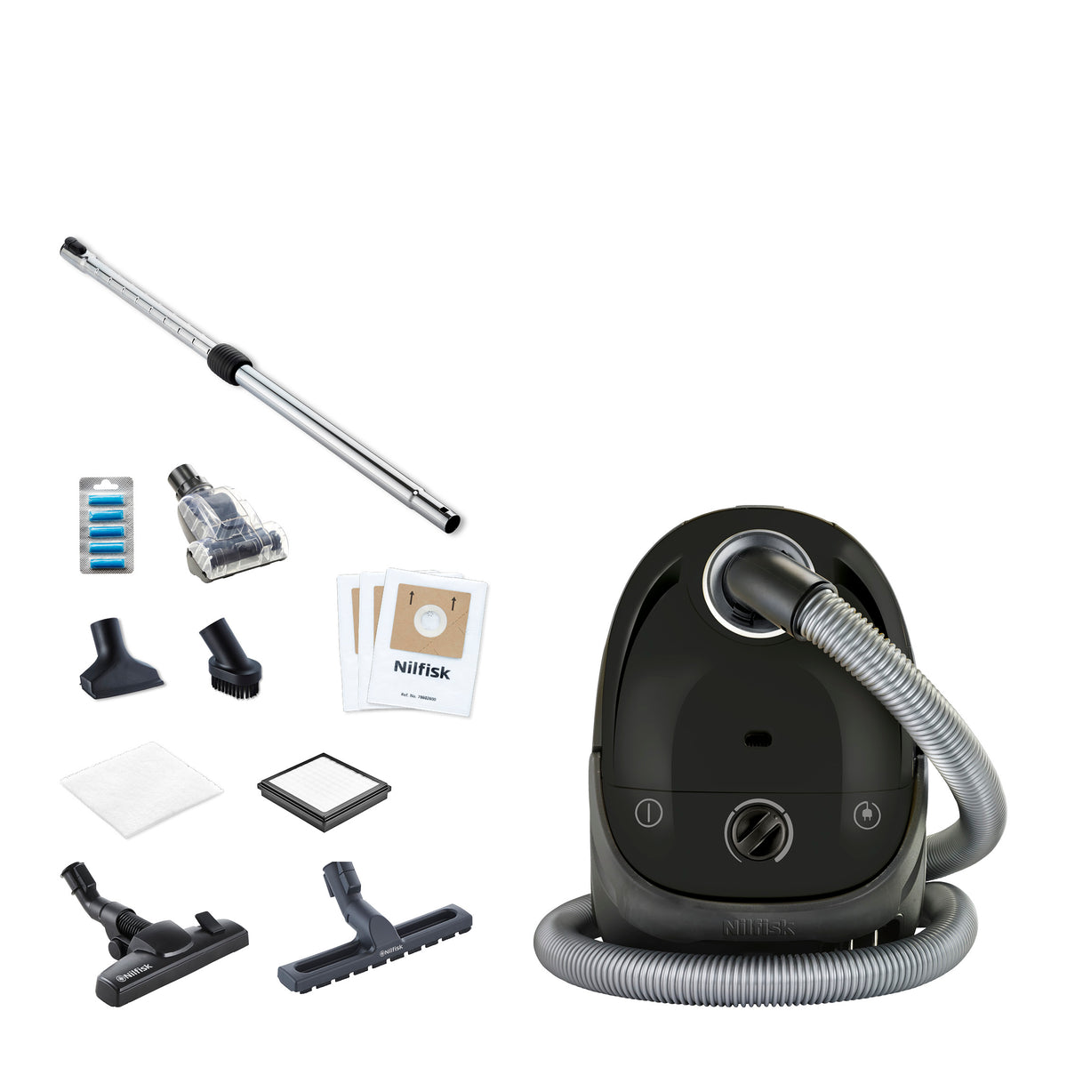 Black canister vacuum cleaner by Nilfisk with silver hose, multiple attachments, and filters displayed alongside.