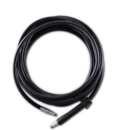 Black 10m superflex hose from ES, coiled on a white background.
