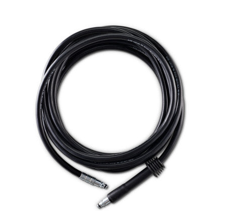 Black 10m superflex hose from ES, coiled on a white background.
