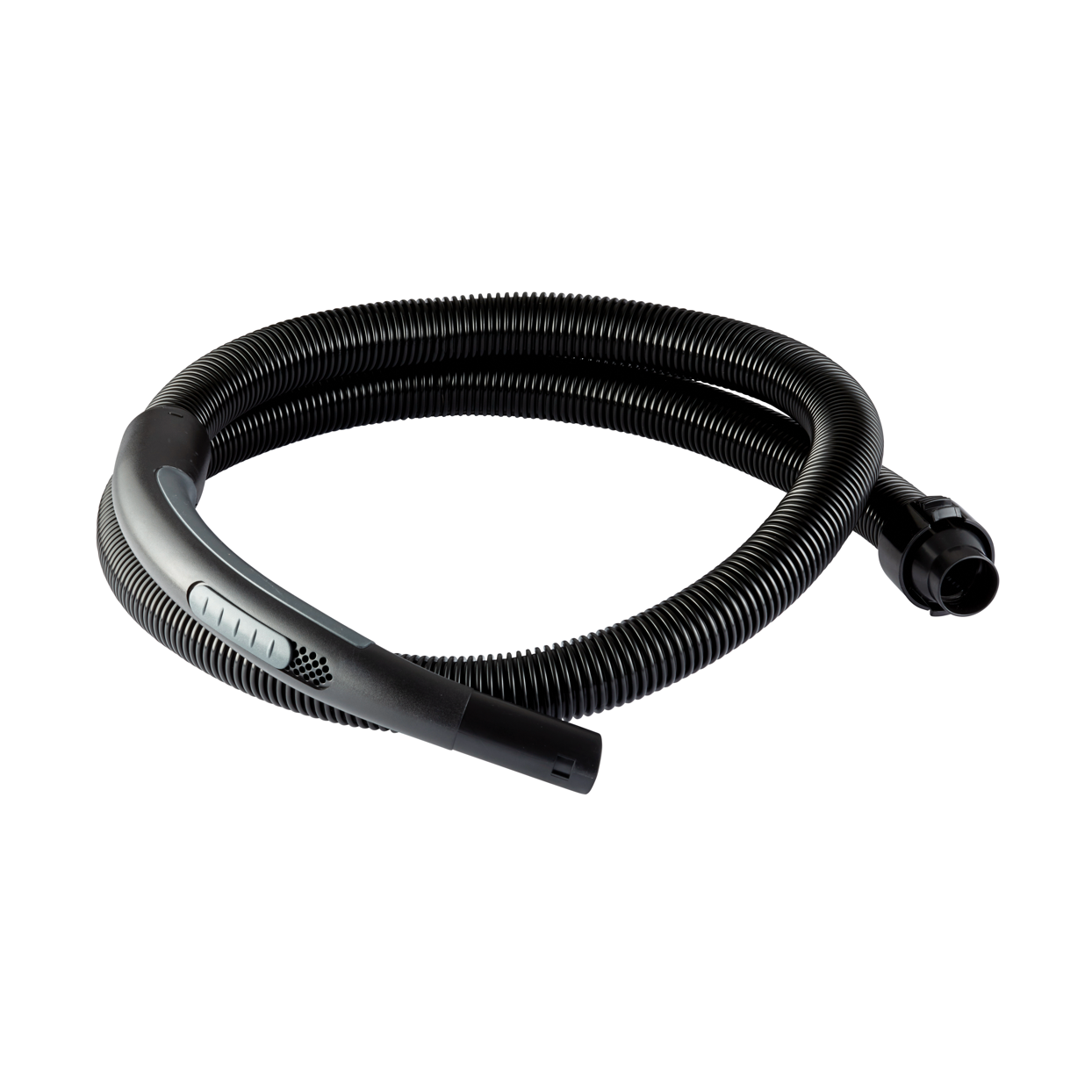 Black vacuum cleaner hose by Nilfisk with a gray handle and curved tube detail.
