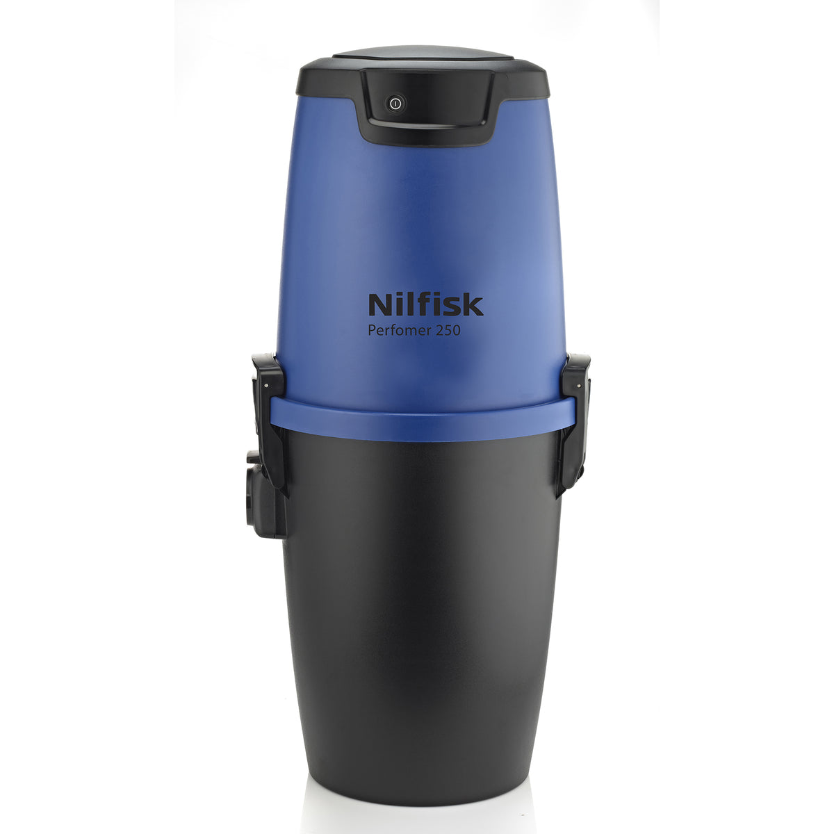 Blue and black vacuum cleaner by Nilfisk with on/off button on top.