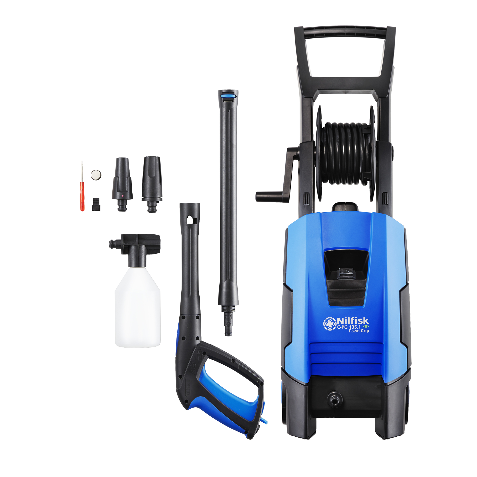 Blue and black pressure washer by Nilfisk with hose reel and various spray nozzle attachments.