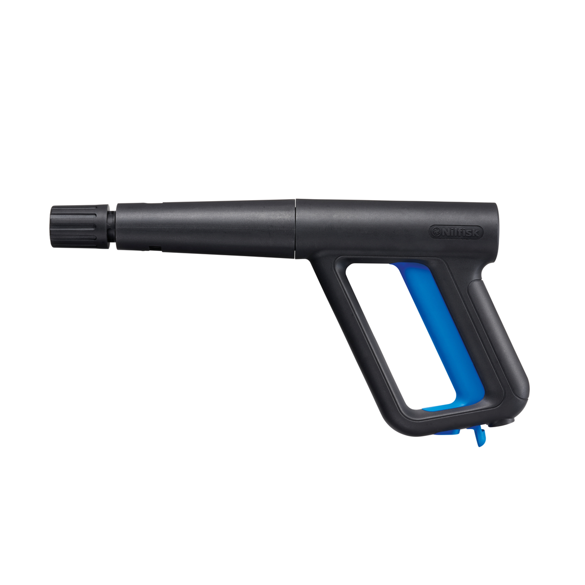 Black and blue spray handle by Nilfisk, seen in a studio shot.