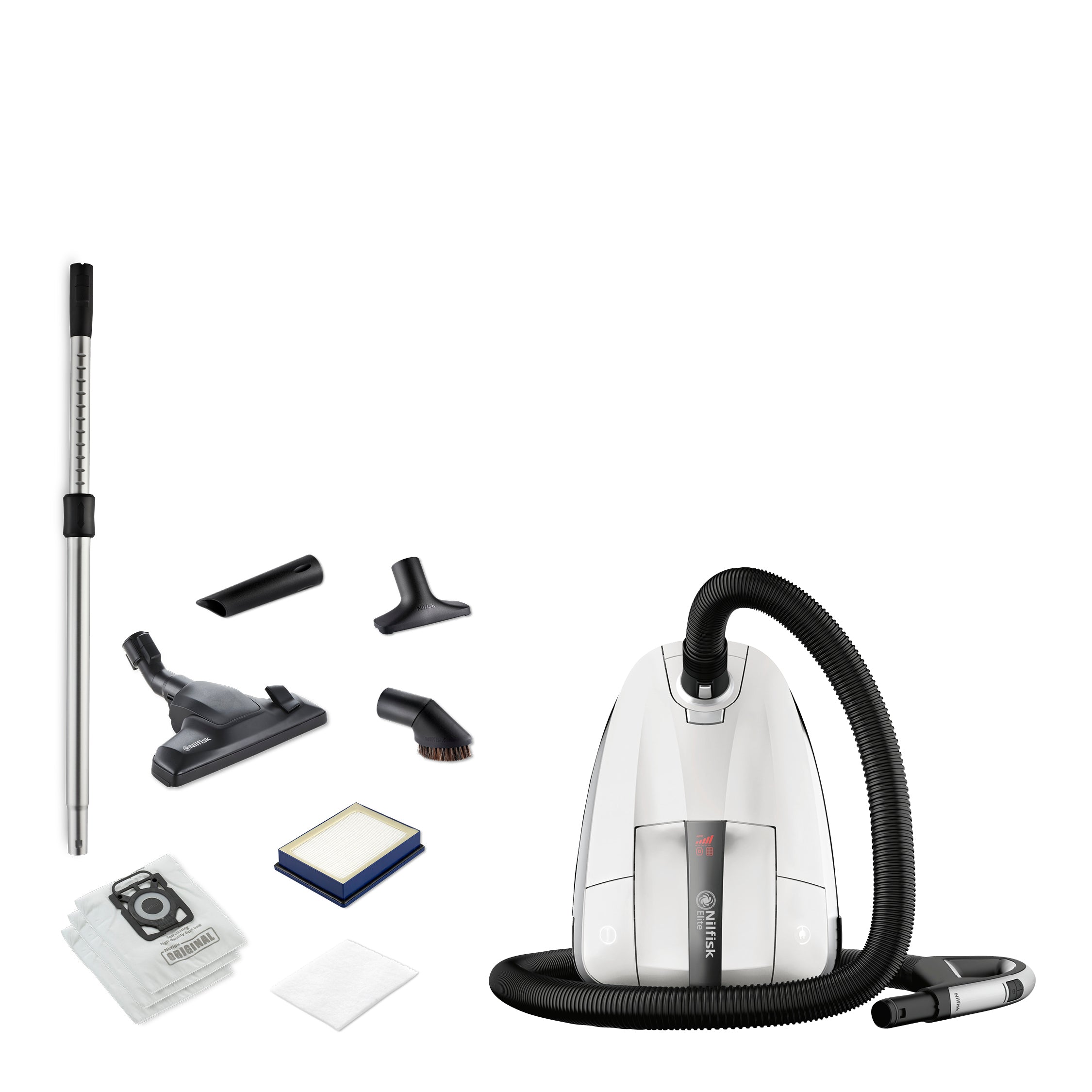 White canister vacuum cleaner by Nilfisk, with attachments including telescopic tube, floor head, and filters.
