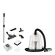 White canister vacuum cleaner by Nilfisk, with attachments including telescopic tube, floor head, and filters.
