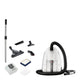 White cylinder vacuum cleaner by Nilfisk, with hose, filters, and various attachment heads.