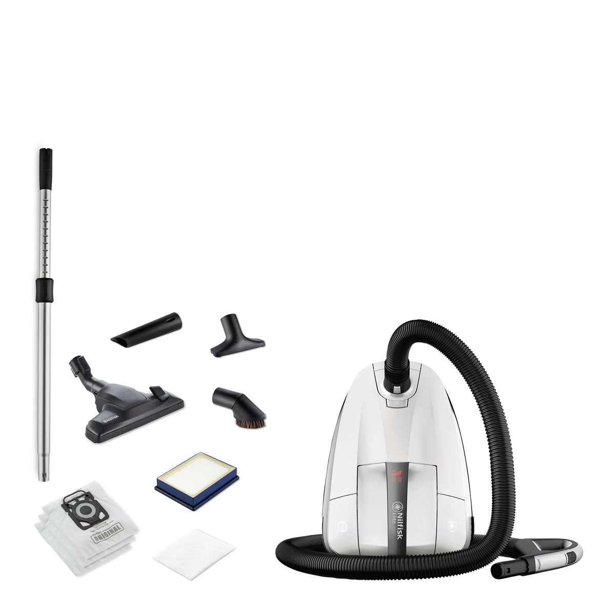 White cylinder vacuum cleaner by Nilfisk, with hose, filters, and various attachment heads.