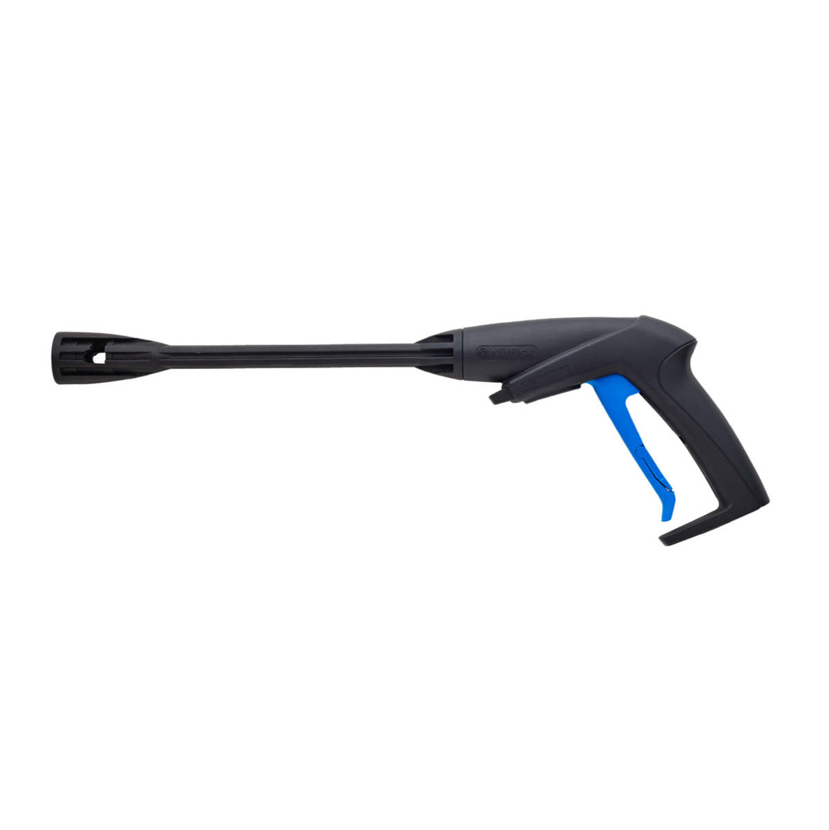 Black pressure washer gun by Nilfisk with a blue trigger, seen in a side view.