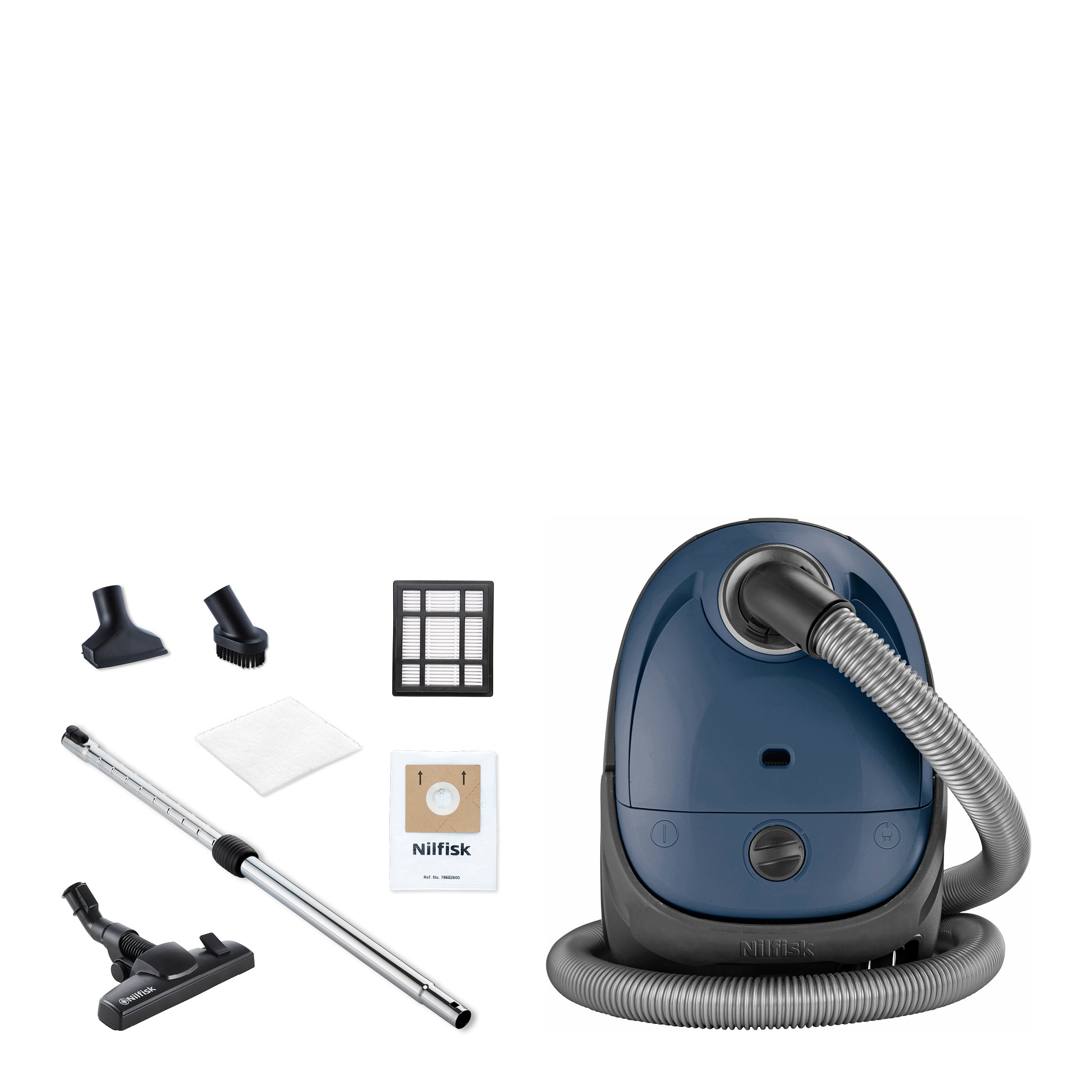 White vacuum cleaner, 750W from Nilfisk, with attachments including brush, floor head, filter and bag.