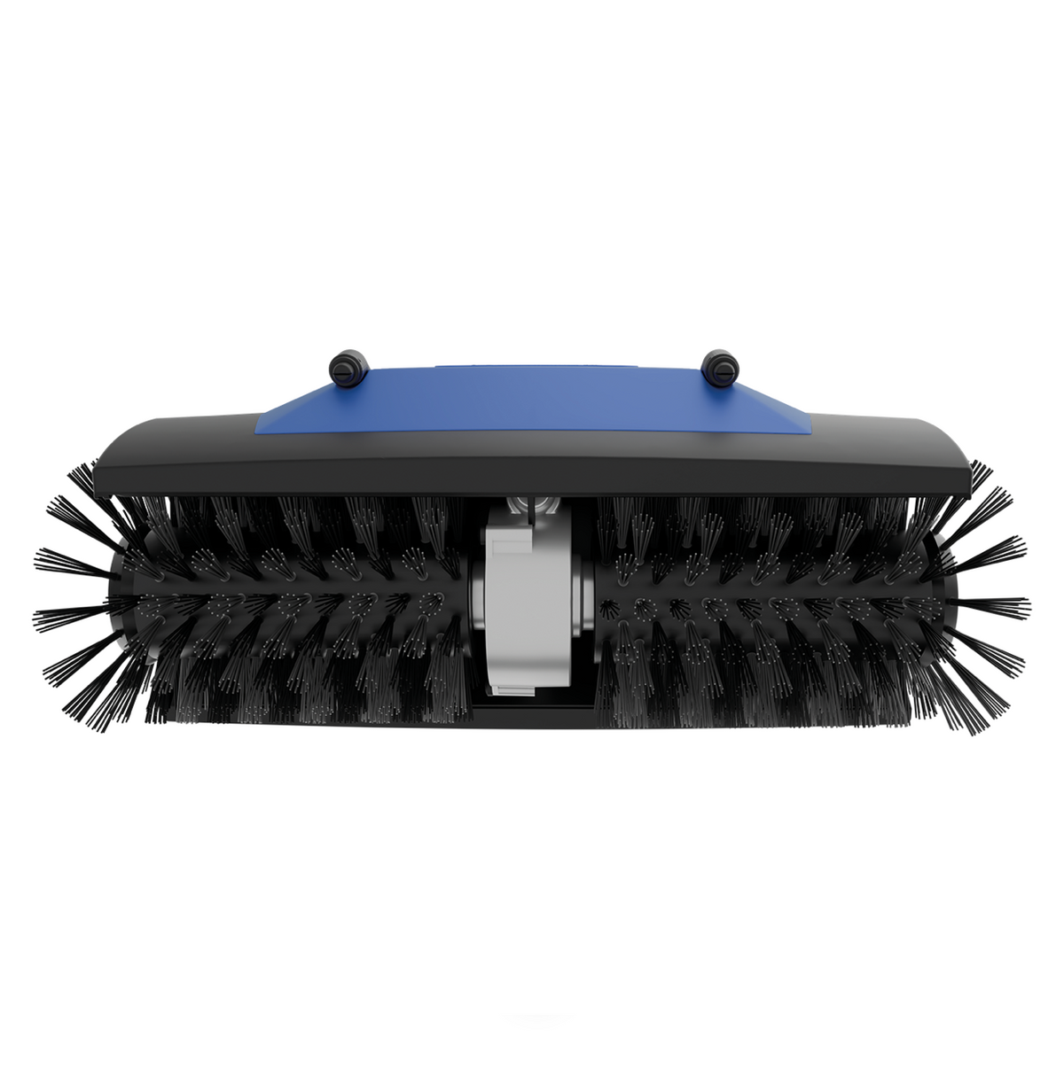Black and blue terrace cleaning brush with dense black bristles and central metal mechanism, top view