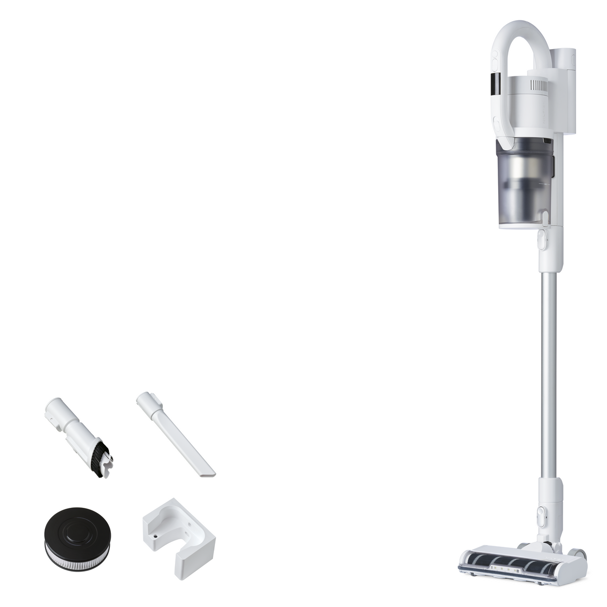 White cordless stick vacuum cleaner by HOME, including attachments and filter, isolated on a white background.
