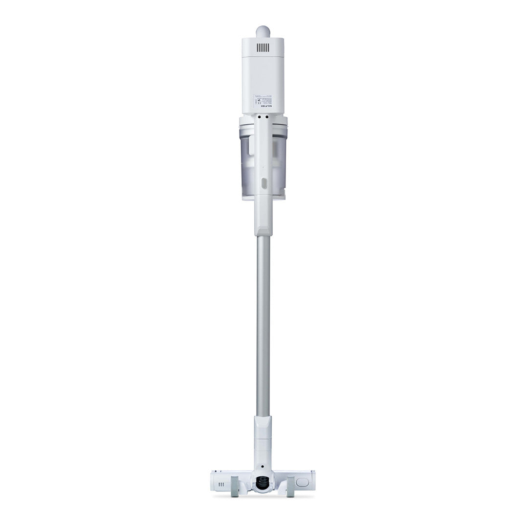 White cordless stick vacuum by Nilfisk with a long, silver wand and LED lights on the bottom.

