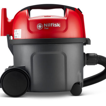 Red and gray vacuum cleaner by Nilfisk, featuring a black handle and hose.