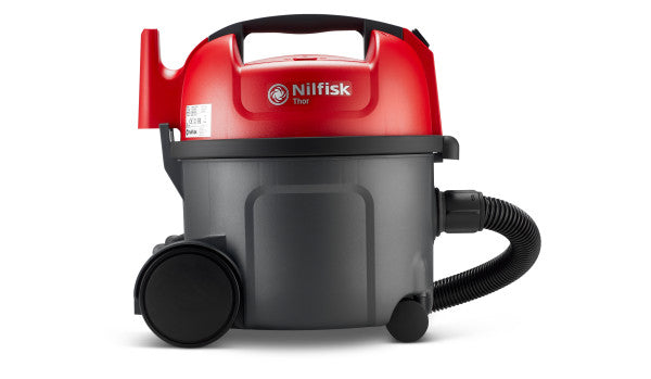Red and gray vacuum cleaner by Nilfisk, featuring a black handle and hose.