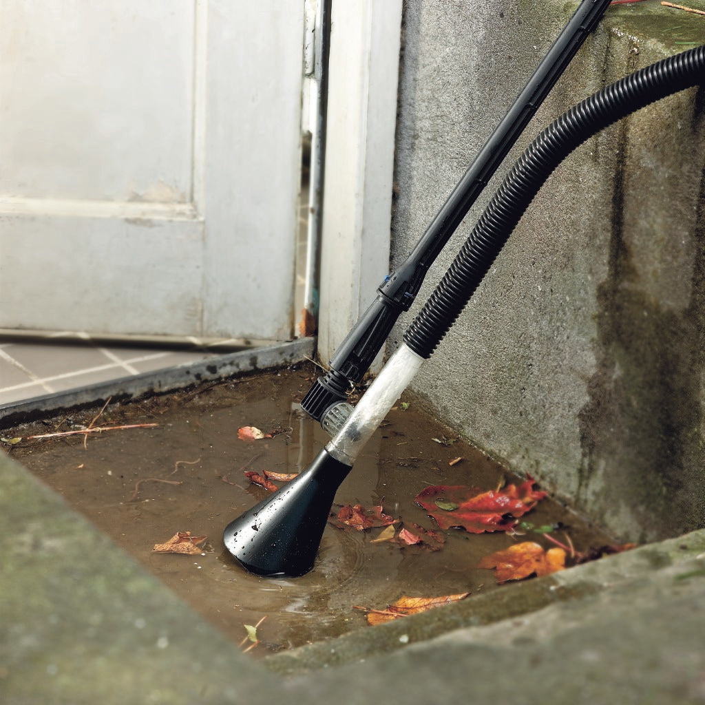 Wet vacuum accessory for high-pressure washers with black funnel, clear hose, and black corrugated hose.