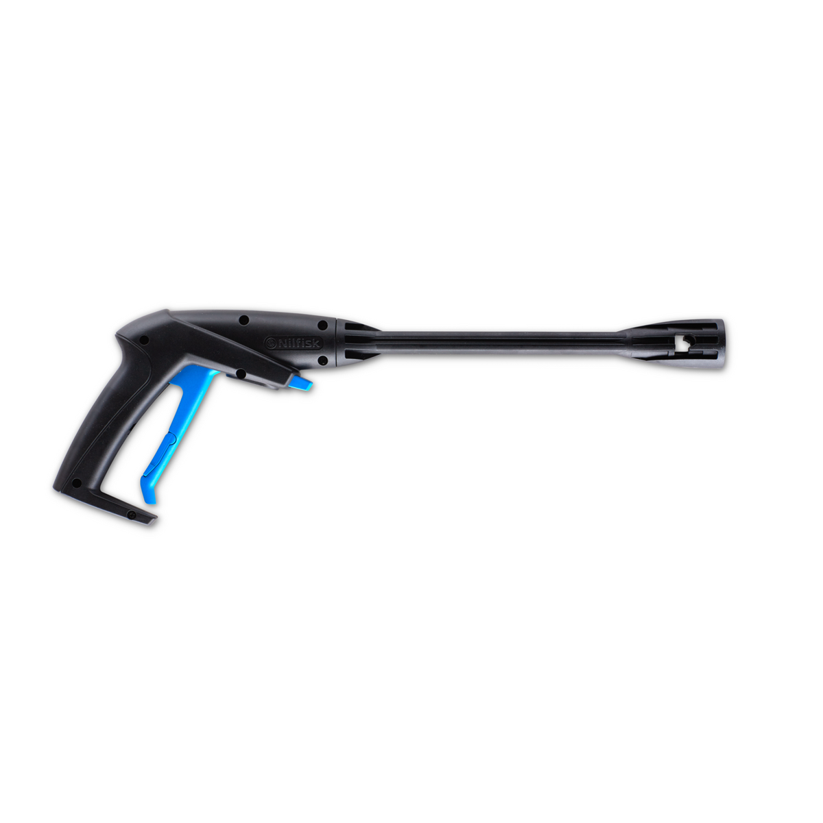 Black spray gun by Nilfisk with a blue trigger, shown in a studio shot.