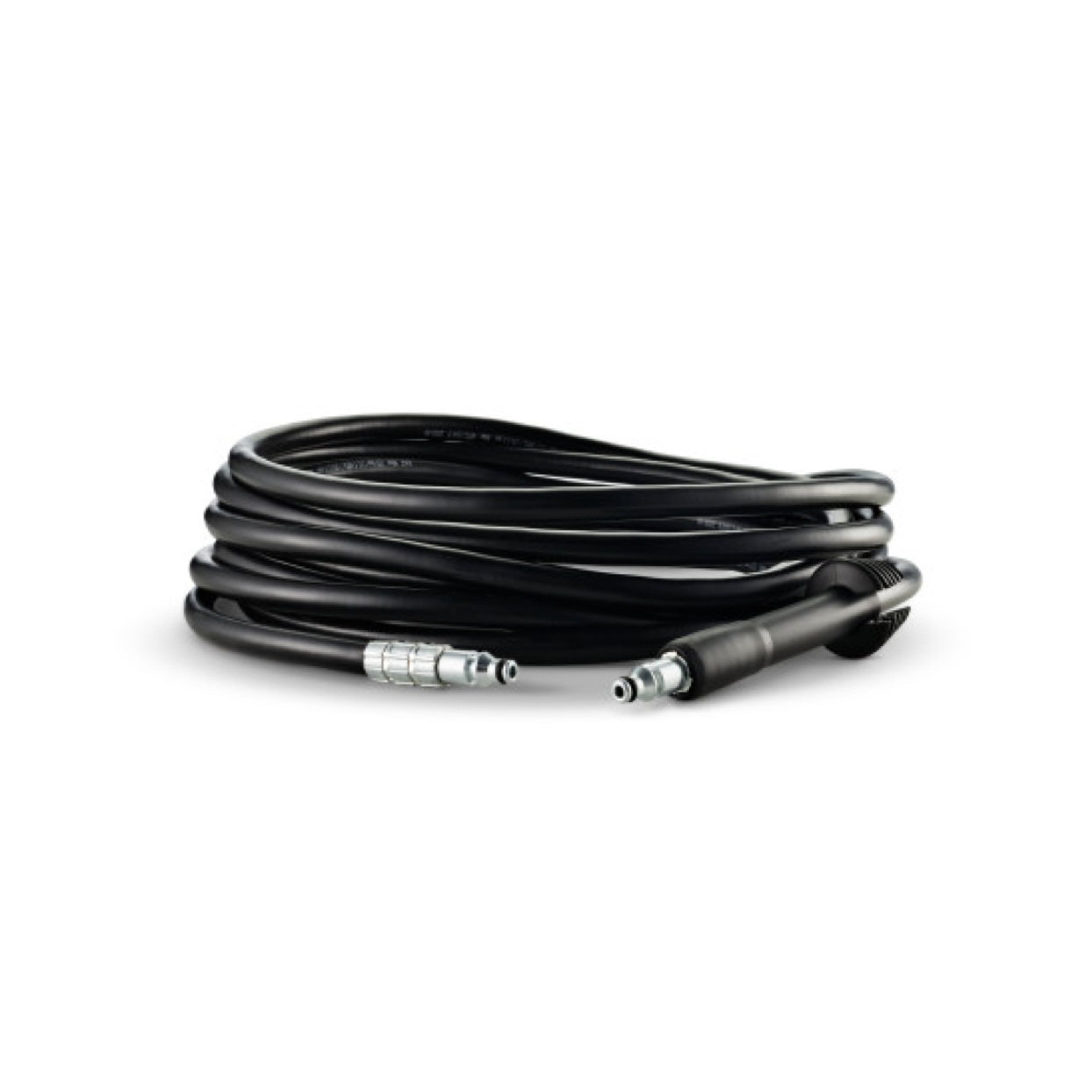 Black 10m superflex hose by ES, coiled on a white surface with silver and black connectors.