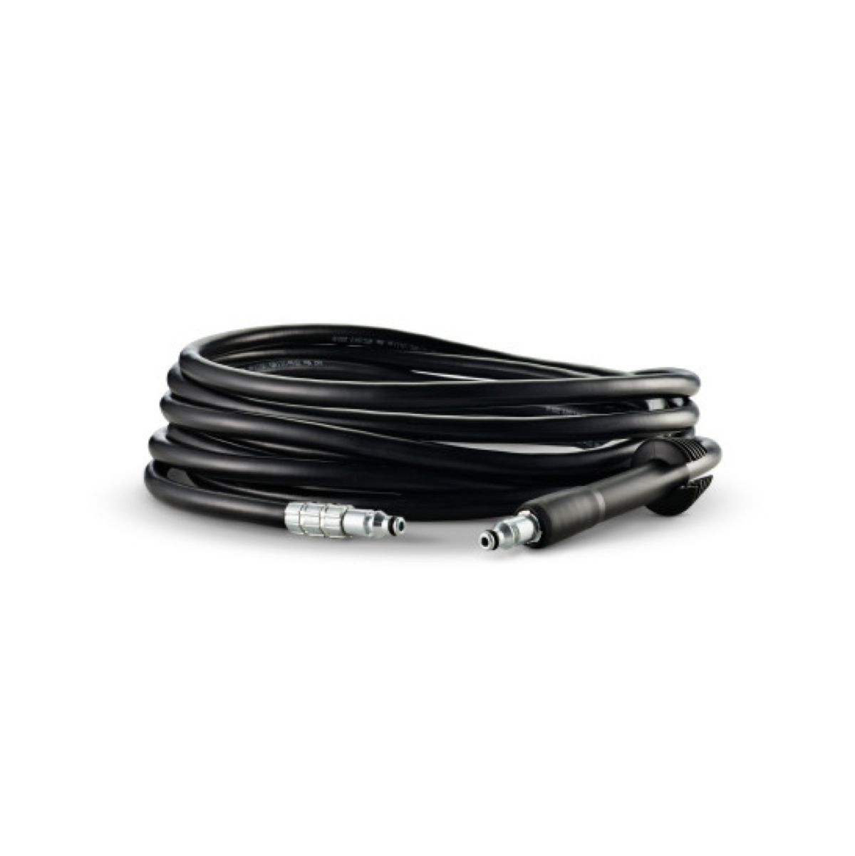 Black 10m superflex hose by ES, coiled on a white surface with silver and black connectors.