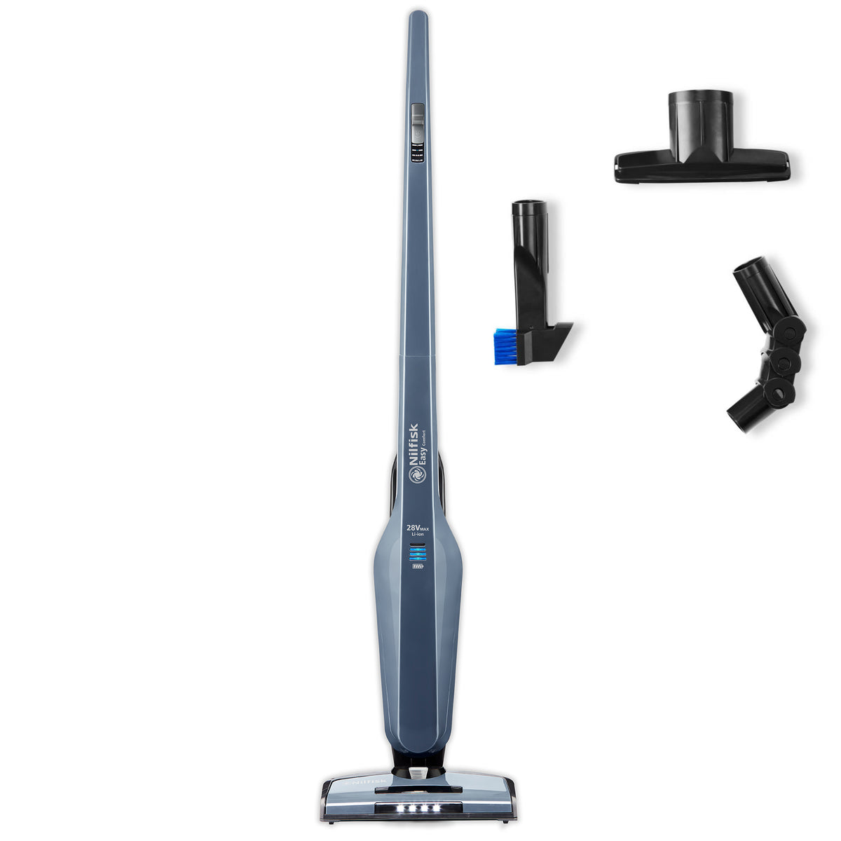 Cordless vacuum cleaner by Nilfisk with various black attachment heads.