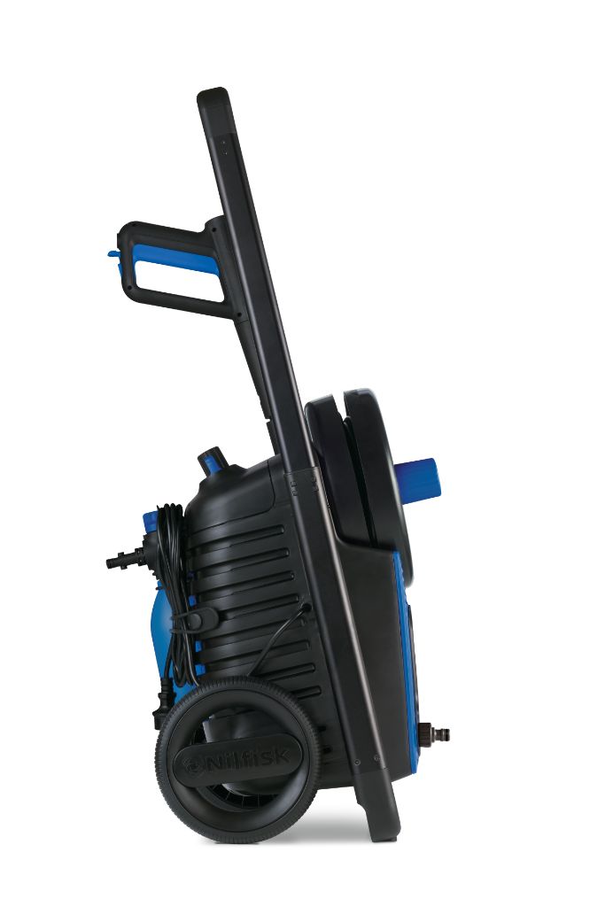 Black and blue pressure washer by Nilfisk with a black handle and wheels, shown in a side view.