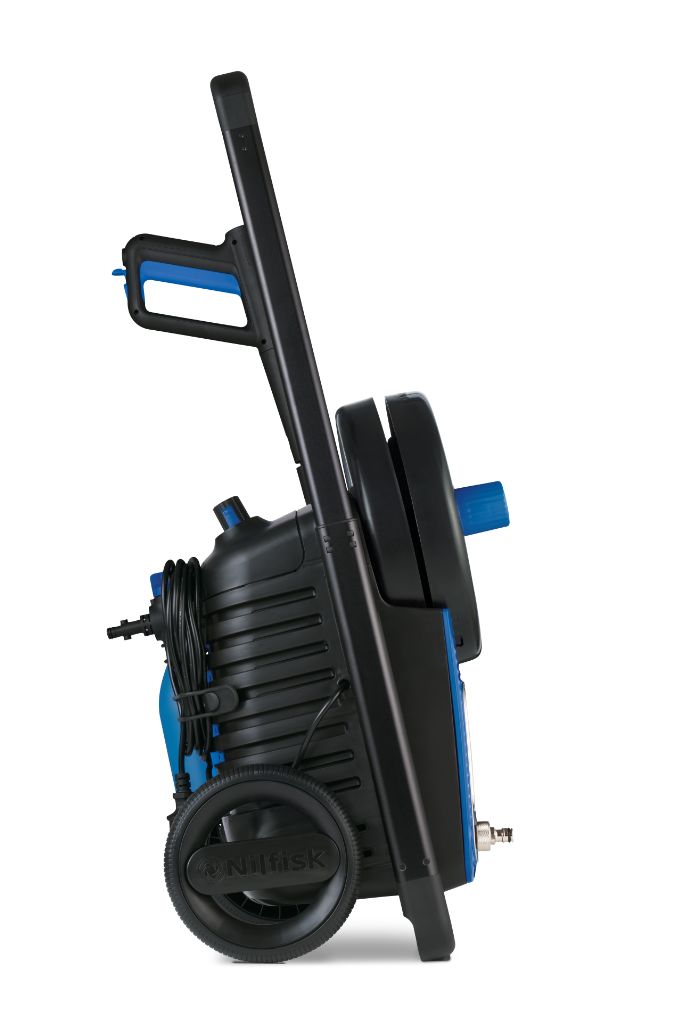Pressure washer with a multi-function car wash nozzle by Nilfisk, shown in a side view.