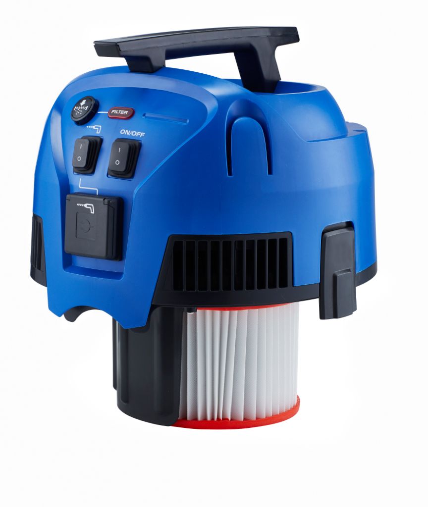 Blue wet/dry vacuum cleaner by Nilfisk, featuring a black handle, switches, buttons, and pleated filter.