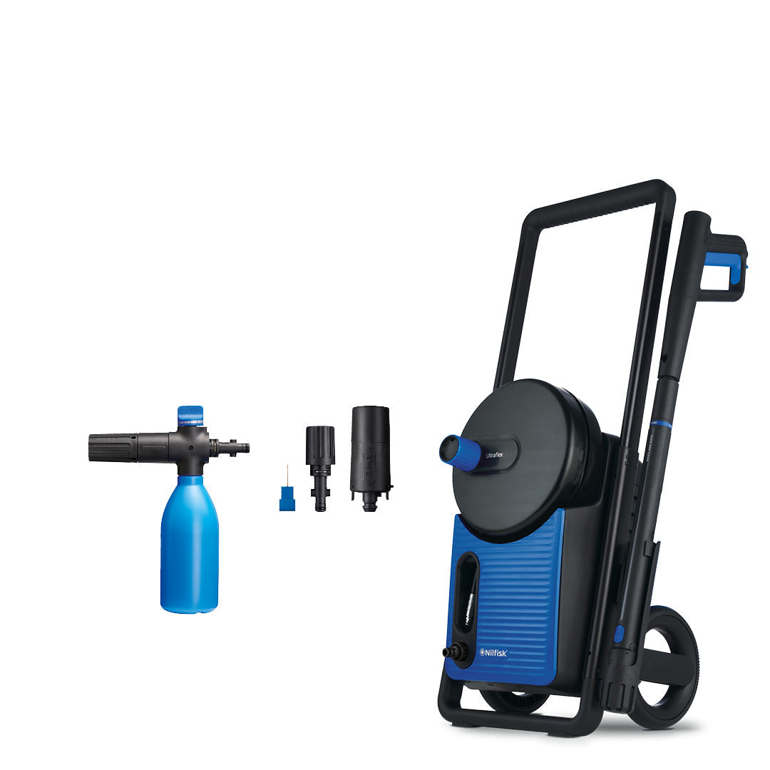 Blue and black pressure washer with multifunctional nozzle by Nilfisk, displayed with additional attachments.
