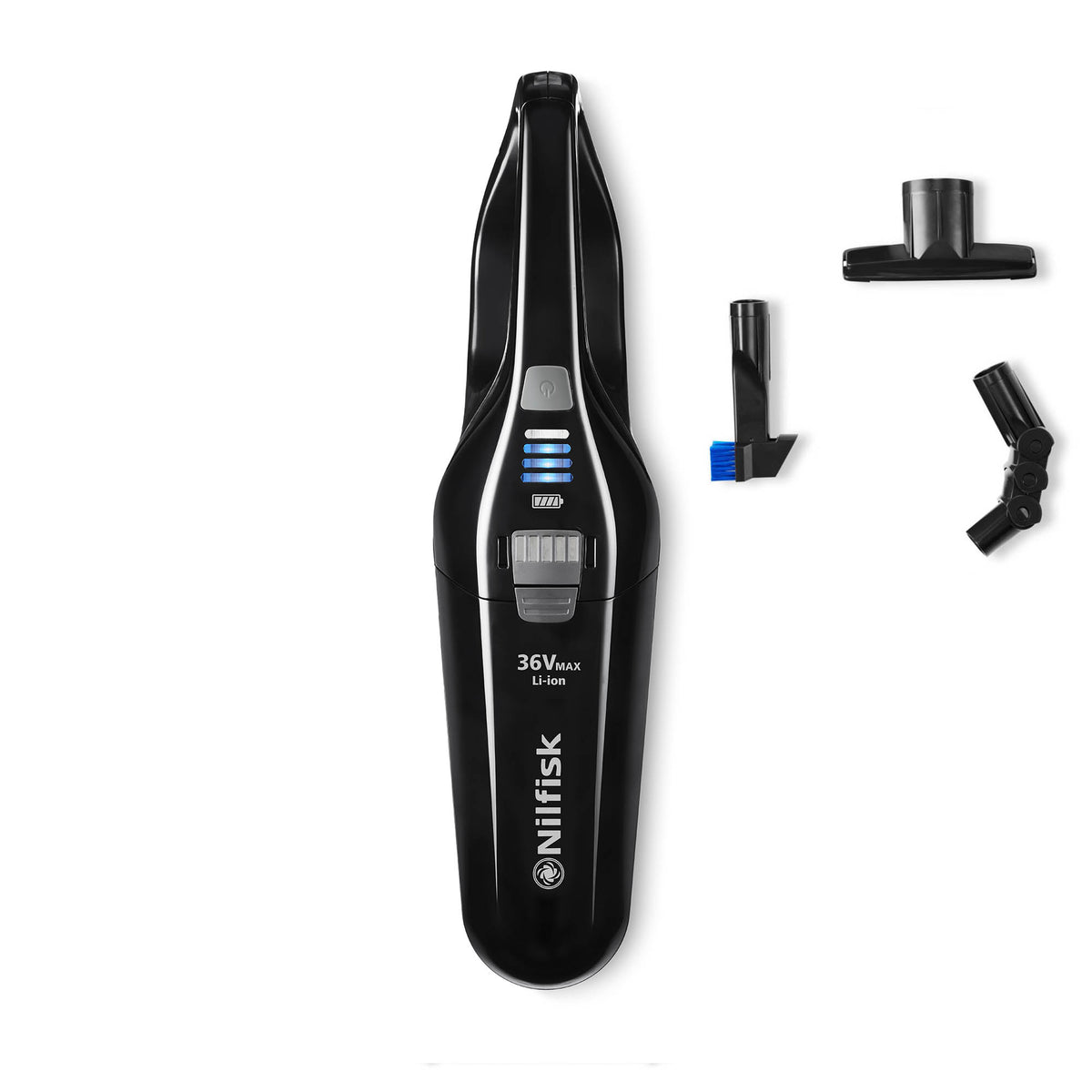 Black cordless handheld vacuum by Nilfisk with four attachments arranged on a white background.